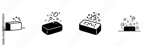 Soap Bars With Bubbles In Hand Drawn Style Set. Hygiene, Cleanliness, And Sanitation Doodle Sketch Collection. Personal Care And Germ Protection. Isolated Vector Illustration