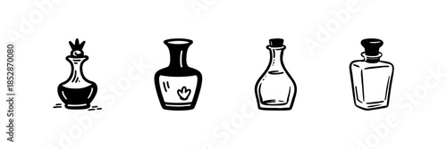 Decorative Bottles In Hand Drawn Style Set. Vintage Perfume, Potion, And Elixir Containers Doodle Sketch Collection. Antique Glassware Design. Isolated Vector Illustration