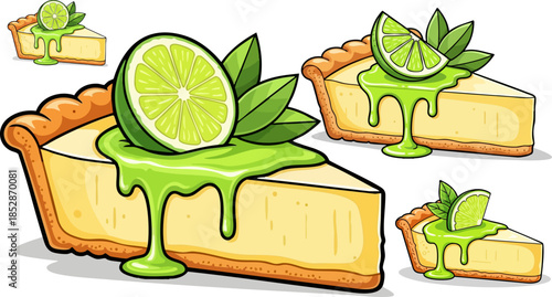 Delicious key lime pie slices illustrated with vibrant green citrus topping and fresh mint garnish