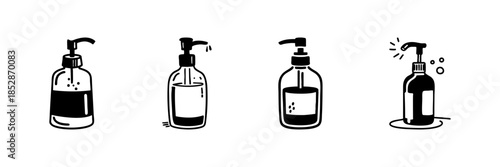Soap Dispenser Bottles In Hand Drawn Style Set. Hygiene, Handwashing, Liquid Soap, Sanitizer Doodle Sketch Collection. Personal Care Essentials. Isolated Vector Illustration