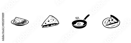 Food Icons In Hand Drawn Style Set. Sandwich, Taco, Fried Egg, And Pizza Slice Doodle Sketch Collection. Culinary Art, Fast Food, Breakfast Elements. Isolated Vector Illustration