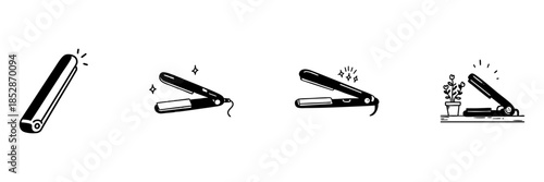 Hair Straightener Icon Set In Hand Drawn Style. Hair Styling, Beauty Tools, Personal Grooming Doodle Sketch Collection. Hair Care Essentials. Isolated Vector Illustration