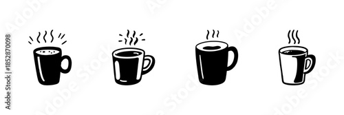 Steaming Coffee Mugs In Hand Drawn Style Set. Warm Beverage, Relaxation, Coffee Break Doodle Sketch Collection. Cozy Morning Ritual. Isolated Vector Illustration