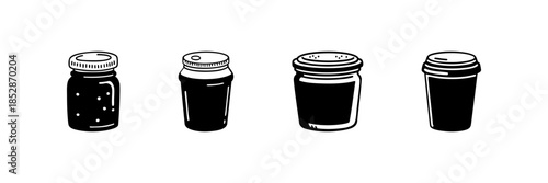 Four Spice Jar Icons In Hand Drawn Style Set. Culinary Seasoning, Kitchen Storage, Cooking Ingredients Doodle Sketch Collection. Food Preparation Essentials. Isolated Vector Illustration