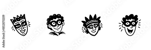 Four Expressive Faces In Hand Drawn Style Set. Artistic Character Expressions, Emotions, And Personality Doodle Sketch Collection. Creative Illustration. Isolated Vector Illustration