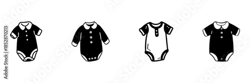 Baby Onesies In Hand Drawn Style Set. Infant Clothing, Fashion, And Comfort Doodle Sketch Collection. Newborn Apparel Variety. Isolated Vector Illustration