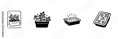 Hydroponic Gardening And Seedling Growth Icons In Hand Drawn Style Set. Indoor Plant Cultivation, Seed Germination, And Vegetable Harvesting Doodle Sketch Collection. Isolated Vector Illustration