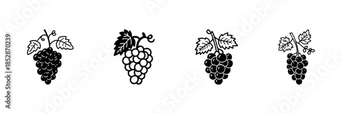 Grape Cluster Icons In Hand Drawn Style Set. Viticulture, Wine Production, Fruit Harvesting Doodle Sketch Collection. Natural Food Illustration. Isolated Vector Illustration
