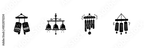 Wind Chimes And Bells In Hand Drawn Style Set. Decorative Sound Elements, Relaxation, Feng Shui, And Home Decor Doodle Sketch Collection. Isolated Vector Illustration