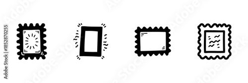 Postage Stamp Icon Set In Hand Drawn Style. Mail, Communication, And Philately Doodle Sketch Collection. Vintage Postal Design Elements. Isolated Vector Illustration