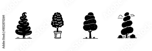 Topiary Tree Designs In Hand Drawn Style Set. Artistic Garden Landscaping, Decorative Plant Shapes Doodle Sketch Collection. Nature And Horticulture Art. Isolated Vector Illustration