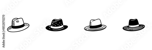 Four Fedora Hat Designs In Hand Drawn Style Set. Classic Fashion Accessories, Vintage Headwear Doodle Sketch Collection. Stylish And Timeless Hat Illustrations. Isolated Vector Illustration