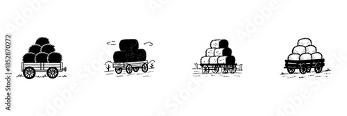 Hay Bales On Farm Wagons In Hand Drawn Style Set. Agricultural Harvesting, Rural Farming, And Livestock Feed Doodle Sketch Collection. Rustic Countryside Scene. Isolated Vector Illustration