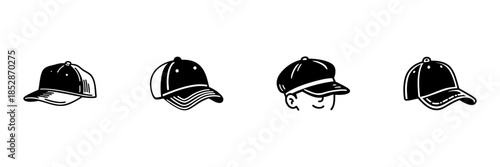 Baseball Cap Illustrations In Hand Drawn Style Set. Casual Fashion, Sportswear, Headwear Doodle Sketch Collection. Iconic Cap Designs. Isolated Vector Illustration