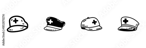 Medical Cap Icons In Hand Drawn Style Set. Healthcare Professional Headwear, Nurse And Doctor Hat Doodle Sketch Collection. Medical Uniform Accessories. Isolated Vector Illustration