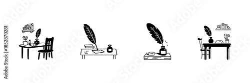 Quill And Ink Writing Desk In Hand Drawn Style Set. Vintage Writing, Creativity, Literature Doodle Sketch Collection. Artistic Workspace Elements. Isolated Vector Illustration