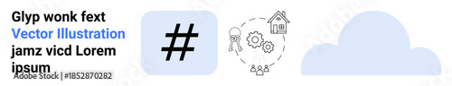 metadata tag symbol next to connected icons of home, gear, cloud, and profile, representing digital connectivity, teamwork, and innovation. Ideal for technology, social media collaboration cloud