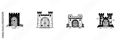 Medieval Castle Gates In Hand Drawn Style Set. Historical Architecture, Fortress Entrances, Defense Structures Doodle Sketch Collection. Vintage Design Elements. Isolated Vector Illustration