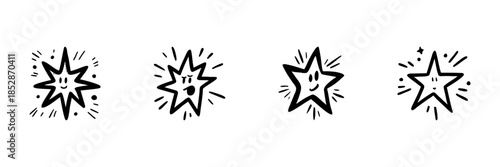 Expressive Star Characters In Hand Drawn Style Set. Emotive Faces, Playful Expressions, Cartoon Doodle Sketch Collection. Whimsical And Fun Design. Isolated Vector Illustration