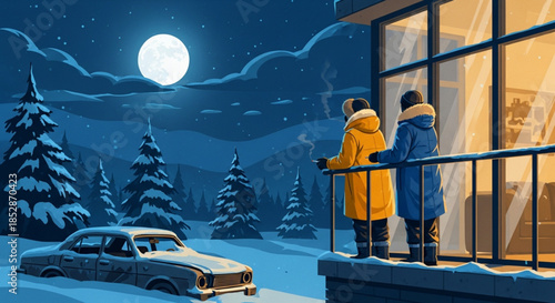 Vector illustration of a man and woman on a modern building's balcony during a cold, snowy night with a full moon. Fastival night 