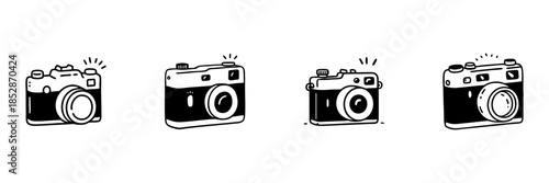Vintage Cameras In Hand Drawn Style Set. Photography, Retro Camera, Classic Design Doodle Sketch Collection. Artistic Expression, Creative Media. Isolated Vector Illustration