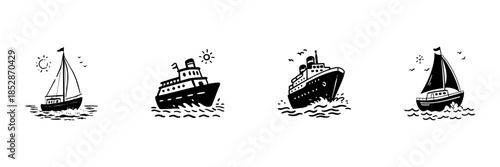 Sailing And Cruise Ships In Hand Drawn Style Set. Nautical Adventure, Maritime Travel, Ocean Exploration Doodle Sketch Collection. Sea Voyage Illustrations. Isolated Vector Illustration