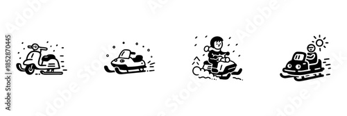 Snowmobile And Scooter Adventure Icons In Hand Drawn Style Set. Winter Sports, Outdoor Recreation, And Fun Activities Doodle Sketch Collection. Isolated Vector Illustration
