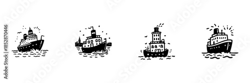 Vintage Ship Illustrations In Hand Drawn Style Set. Nautical Adventure, Maritime Travel, Ocean Exploration Doodle Sketch Collection. Retro Marine Art. Isolated Vector Illustration