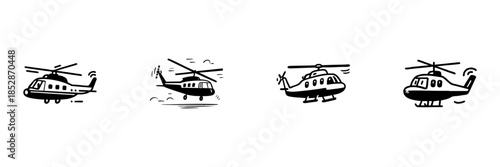 Helicopter Illustrations In Hand Drawn Style Set. Aviation, Air Transport, And Flight Dynamics Doodle Sketch Collection. Aerial Vehicle Concepts. Isolated Vector Illustration