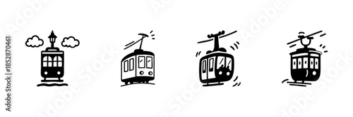 Vintage Tram And Cable Car Icons In Hand Drawn Style Set. Urban Transportation, Public Transit, City Commuting Doodle Sketch Collection. Retro Travel Elements. Isolated Vector Illustration