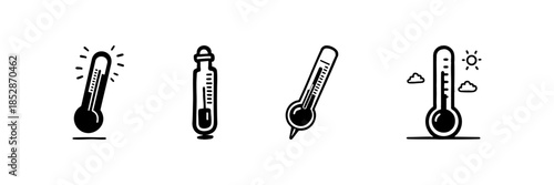 Thermometer Icons In Hand Drawn Style Set. Temperature Measurement, Weather Forecasting, Medical Thermometer Doodle Sketch Collection. Climate And Health Monitoring. Isolated Vector Illustration