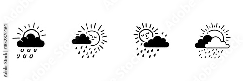Sun And Cloud With Rain In Hand Drawn Style Set. Weather Forecast, Mixed Weather Conditions, Sun Shower Doodle Sketch Collection. Climate Illustration. Isolated Vector Illustration