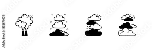 Factory Emissions And Cloud Variations In Hand Drawn Style Set. Environmental Impact, Pollution, And Weather Patterns Doodle Sketch Collection. Climate Change Awareness. Isolated Vector Illustration