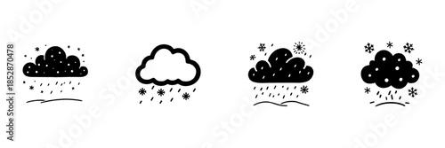 Clouds With Snow And Rain In Hand Drawn Style Set. Weather Forecast, Precipitation, Seasonal Changes Doodle Sketch Collection. Meteorological Symbols. Isolated Vector Illustration