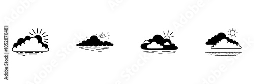 Cloud And Sun Weather Icons In Hand Drawn Style Set. Atmospheric Conditions, Climate Variations, And Meteorological Symbols Doodle Sketch Collection. Isolated Vector Illustration