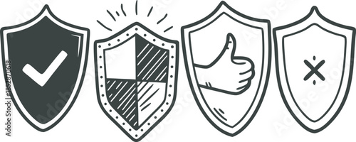 Doodle shields with check mark, thumbs up, and cross symbol
