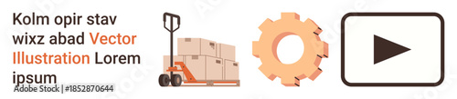 Logistics, industrial processes, automation, supply chain, technology, and digital media. A pallet jack with boxes, a gear and a play icon. Logistics and automation concepts