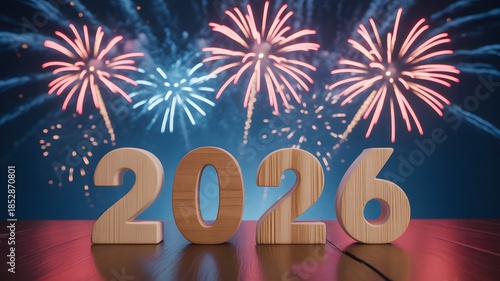 A festive 2026 New Year greeting card illustration featuring a 3d number design with holiday fireworks and winter snow stars to celebrate a happy Christmas party eve celebration vector