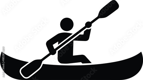 Modern solid symbol showing a paddler navigating a vessel to denote specialized athletic training, wilderness exploration journeys, healthy lifestyle habits, and sports findings.