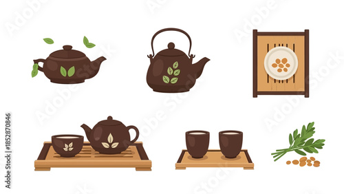 Exquisite collection of traditional oriental tea ceremony utensils, featuring various teapots, cups, and accessories for a mindful and serene brewing ritual