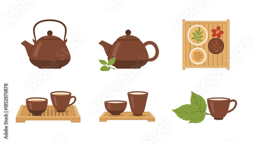 Artistic vector collection of traditional ceramic teaware for a calming tea ceremony, showcasing elegant pots, cups, and fresh tea leaves, perfect for a relaxing beverage experience