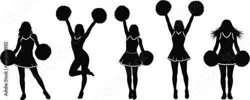 Cheerleader, silhouettes, collection, with, pom, poms, in, various, energetic, poses, isolated, vector, set, for, sports, dance, school, spirit, and, team, support.