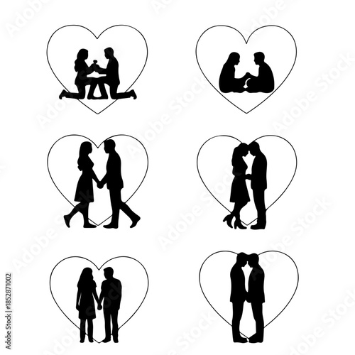 Collection of couple silhouettes in hearts depicting romance and proposals Vector