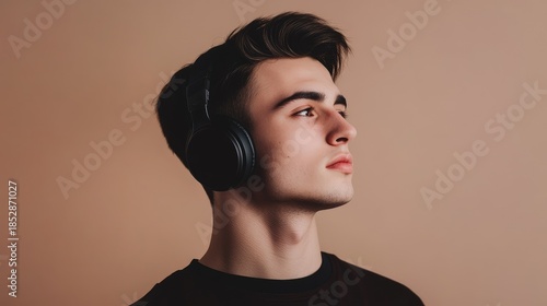 Young man with headphones immersed in music and thoughtful expression