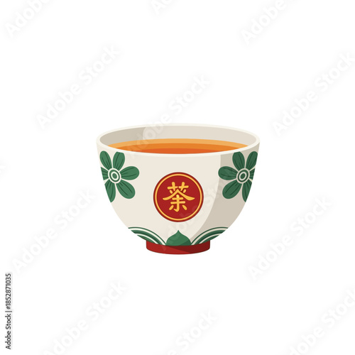 Ceramic tea bowl with traditional floral pattern and Chinese character for tea