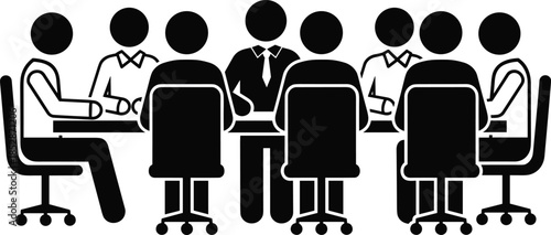 Flat vector icon of a business meeting showing simplified figures sitting at a conference table for corporate and office concepts.
