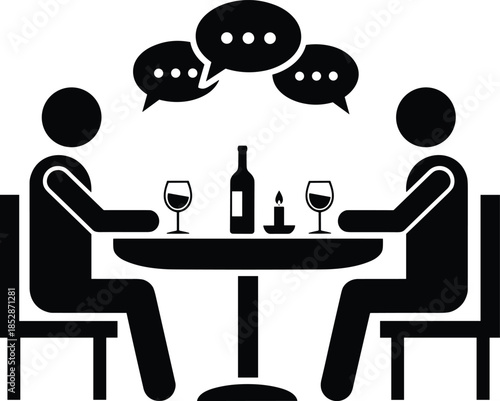 Flat vector icon of two people sitting at a restaurant table having a dinner date with wine and speech bubbles.
