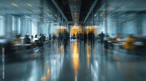 blurred office interior space with people working and meeting business collaboration concept abstract background soft focus photography. High quality. High quality