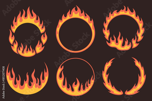Cartoon Fire Flame Rings Featuring Red Hot Burning Hoops Plus Blaze Round Border Frames And Inferno Fire Circle Gate With Energy Dynamic Effect In Isolated Comic Vector Illustration Set