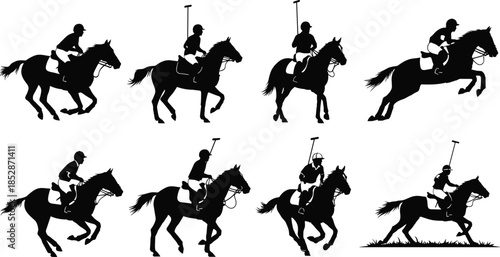 Polo, player, silhouettes, collection, with, horses, in, various, action, poses, isolated, vector, set, for, equestrian, sports, luxury, event, and, competition.